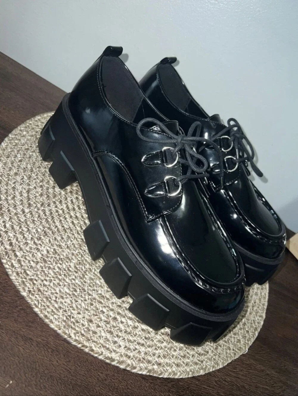 Just Fab Y2K 90's Black Lace-up Lug Heel Platform Chunky Loafers Womens Size 11